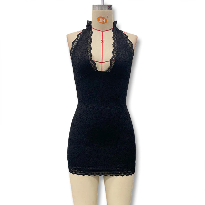 Halter Lace-Trim High-Slit Maxi Dress — view 3