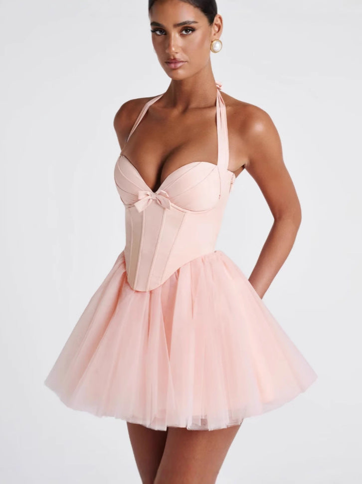Halter Lace-Up Puff-Skirt Mini Dress