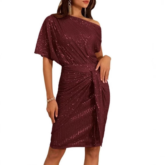 Sequin-Trim One-Shoulder Pleated Midi Dress — view 5