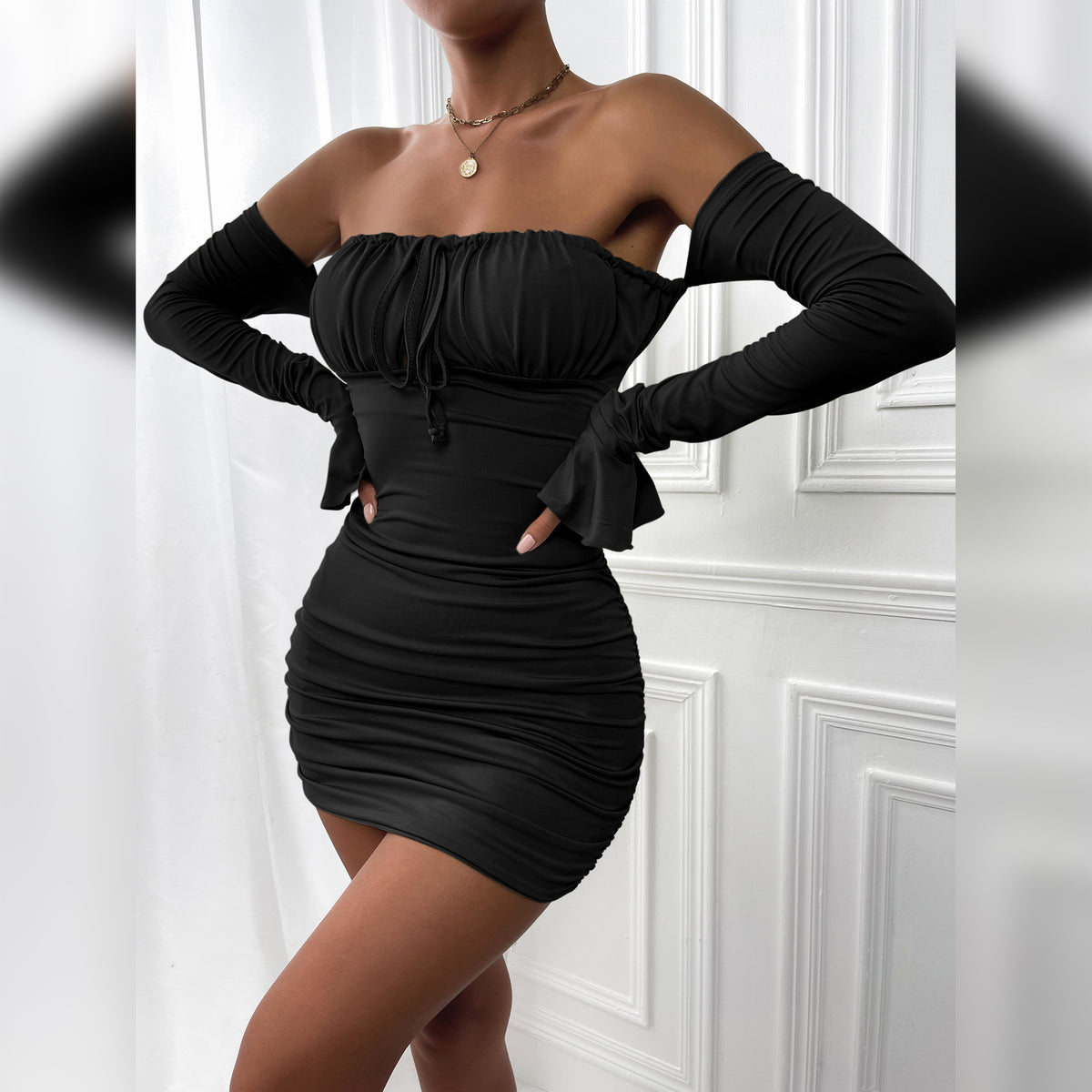 Off-Shoulder Ruched Long-Sleeve Mini Dress — view 7